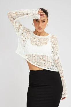 White Knit Top Long SLeeve Crew Neck