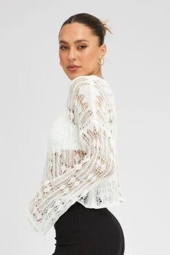 White Knit Top Long SLeeve Crew Neck -Midi Dresses Style kn2237 41jb white 4