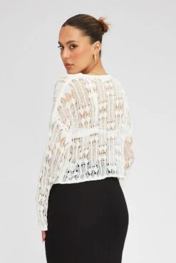 White Knit Top Long SLeeve Crew Neck -Midi Dresses Style kn2237 41jb white 5