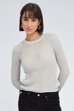 Grey Knit Top Long Sleeve Crew Neck -Midi Dresses Style kn2264 40jb grey 3