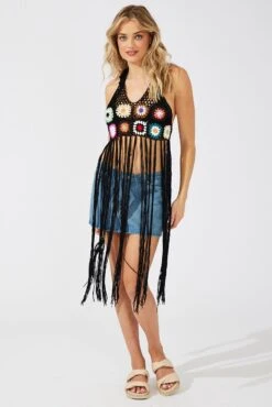 Black Crochet Knit Top Tassel