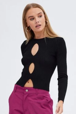 Black Knit Top Cut Out Long Sleeve Ribbed -Midi Dresses Style kn2605 40pb black 3 9d23c513 4e15 4d4c a277 1b335fe7e593