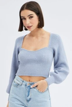 Blue Knit Top Sweet Heart Neck Volume Sleeve Crop -Midi Dresses Style kn2687 41pb blue 3