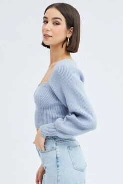 Blue Knit Top Sweet Heart Neck Volume Sleeve Crop -Midi Dresses Style kn2687 41pb blue 4