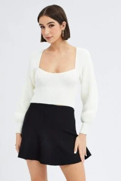 White Knit Top Sweet Heart Neck Volume Sleeve Crop -Midi Dresses Style kn2687 41pb white 3