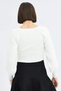 White Knit Top Sweet Heart Neck Volume Sleeve Crop -Midi Dresses Style kn2687 41pb white 5