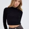 Black Knit Top Long Sleeve High Neck Crop Checker Stitch 2 Black Knit Top Long Sleeve High Neck Crop Checker Stitch -Midi Dresses Style kn2987 40p black 1