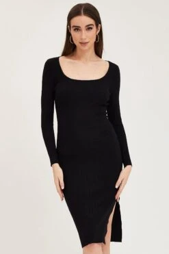 Black Dress Long Sleeve Midi Knit -Midi Dresses Style knit dress black dress long sleeve midi knit 32965431394497