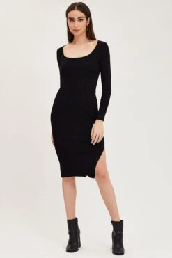 Black Dress Long Sleeve Midi Knit -Midi Dresses Style knit dress black dress long sleeve midi knit 32965431427265