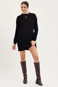 Black Dress Long Sleeve Mini Knit -Midi Dresses Style knit dress black dress long sleeve mini knit 32965387813057