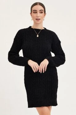 Black Dress Long Sleeve Mini Knit -Midi Dresses Style knit dress black dress long sleeve mini knit 32965387845825