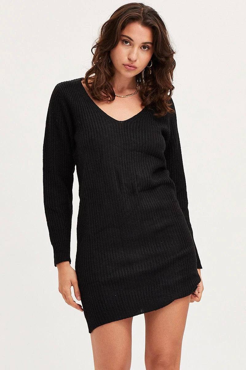 Black Dress Long Sleeve Mini V Neck Knit 5 Black Dress Long Sleeve Mini V Neck Knit - Image 3