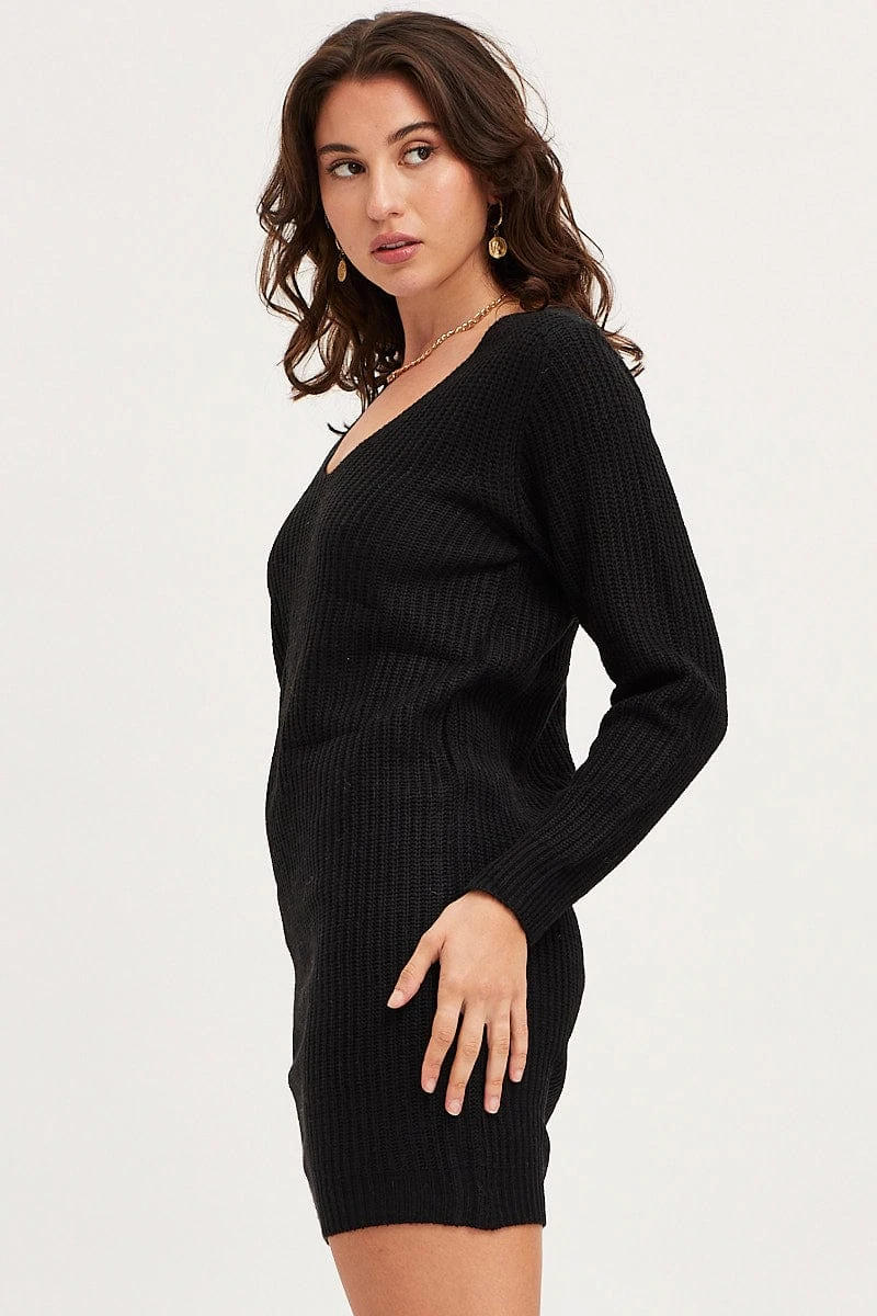 Black Dress Long Sleeve Mini V Neck Knit 6 Black Dress Long Sleeve Mini V Neck Knit - Image 4
