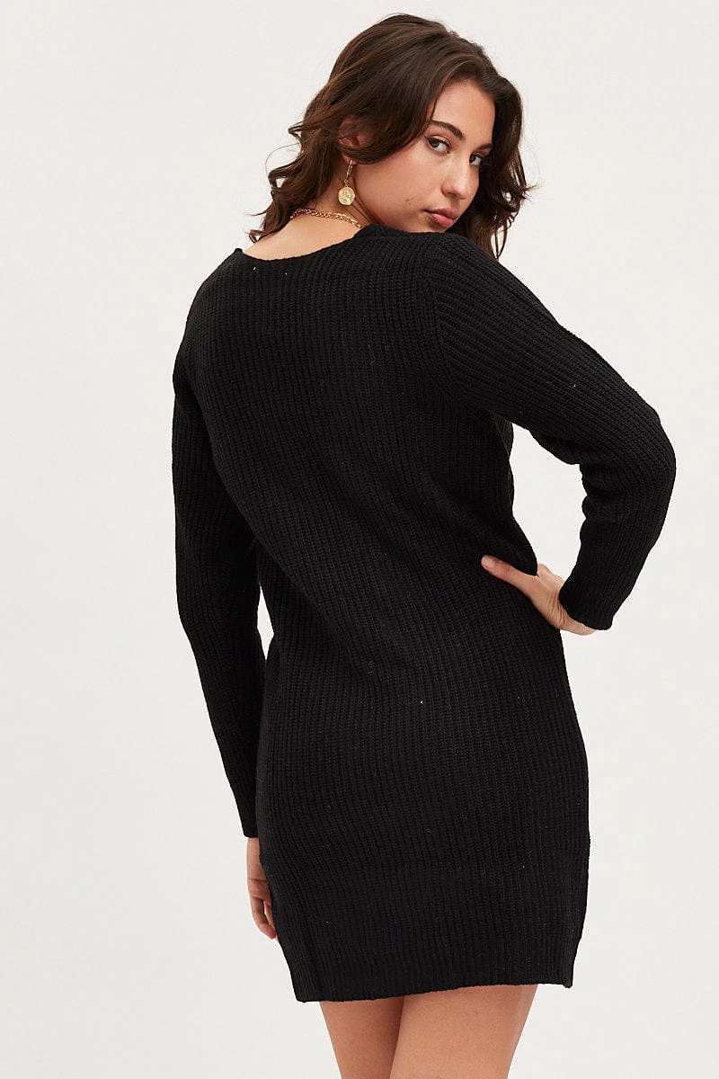 Black Dress Long Sleeve Mini V Neck Knit 7 Black Dress Long Sleeve Mini V Neck Knit - Image 5