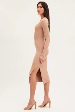 Beige Dress Long Sleeve Mini Sweet Heart Knit -Midi Dresses Style knit dress camel dress long sleeve mini sweet heart knit 32965426118849