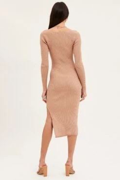 Beige Dress Long Sleeve Mini Sweet Heart Knit -Midi Dresses Style knit dress camel dress long sleeve mini sweet heart knit 32965426151617