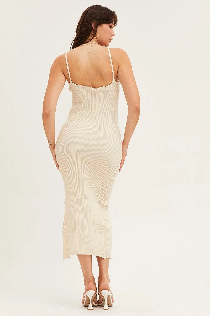 Beige V Neck Kint Midi Dress 7 Beige V Neck Kint Midi Dress - Image 5
