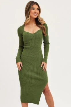 Green Dress Long Sleeve Mini Sweet Heart Knit -Midi Dresses Style knit dress green dress long sleeve mini sweet heart knit 32965426905281