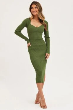 Green Dress Long Sleeve Mini Sweet Heart Knit -Midi Dresses Style knit dress green dress long sleeve mini sweet heart knit 32965426970817
