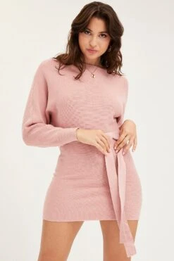 Pink Bodycon Dress Long Sleeve Mini Knit -Midi Dresses Style knit dress pink bodycon dress long sleeve mini knit 32965417074881