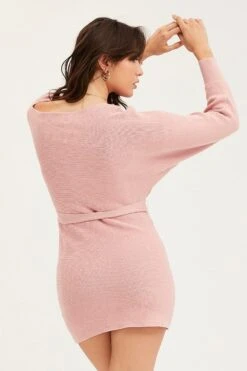 Pink Bodycon Dress Long Sleeve Mini Knit -Midi Dresses Style knit dress pink bodycon dress long sleeve mini knit 32965417173185
