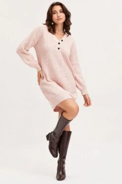 Pink Dress Long Sleeve Mini Knit -Midi Dresses Style knit dress pink dress long sleeve mini knit 32965332041921