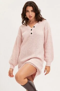 Pink Dress Long Sleeve Mini Knit -Midi Dresses Style knit dress pink dress long sleeve mini knit 32965332074689