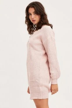 Pink Dress Long Sleeve Mini Knit -Midi Dresses Style knit dress pink dress long sleeve mini knit 32965332107457
