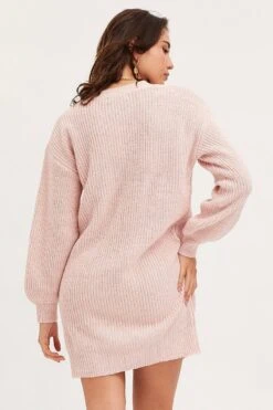 Pink Dress Long Sleeve Mini Knit -Midi Dresses Style knit dress pink dress long sleeve mini knit 32965332140225