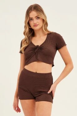 Brown Ruched Crop Top Loungewear Set -Midi Dresses Style lg set brown ruched crop top loungewear set 33332121927873