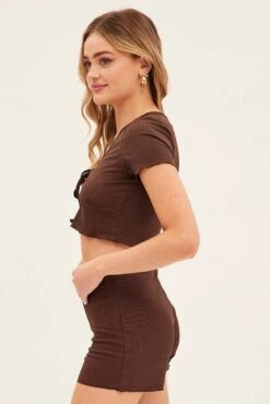 Brown Ruched Crop Top Loungewear Set -Midi Dresses Style lg set brown ruched crop top loungewear set 33332121960641