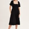 Black Short Sleeve Ruched Midi Dress -Midi Dresses Style midi dress black short sleeve ruched midi dress 33006762688705