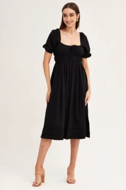 Black Short Sleeve Ruched Midi Dress -Midi Dresses Style midi dress black short sleeve ruched midi dress 33006762754241