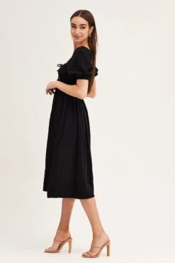Black Short Sleeve Ruched Midi Dress -Midi Dresses Style midi dress black short sleeve ruched midi dress 33006762787009