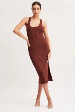 Brown Keyhole Dress Sleeveless Midi Knit -Midi Dresses Style midi dress brown keyhole dress sleeveless midi knit 32965379948737