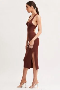 Brown Keyhole Dress Sleeveless Midi Knit -Midi Dresses Style midi dress brown keyhole dress sleeveless midi knit 32965380014273