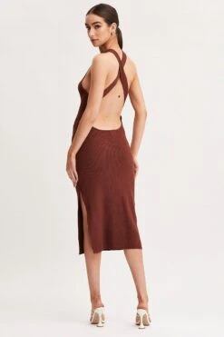 Brown Keyhole Dress Sleeveless Midi Knit -Midi Dresses Style midi dress brown keyhole dress sleeveless midi knit 32965380079809