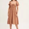 Brown Short Sleeve Ruched Midi Dress