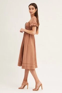 Brown Short Sleeve Ruched Midi Dress -Midi Dresses Style midi dress brown short sleeve ruched midi dress 33006762983617