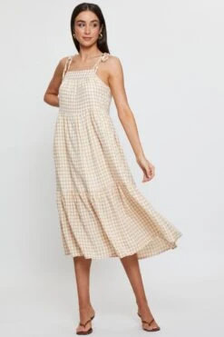 Check Midi Dress Sleeveless Tie Shoulder