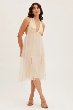 Beige Midi Dress Backless V Neck Lace -Midi Dresses Style midi dress nude midi dress backless v neck lace 32965352423617