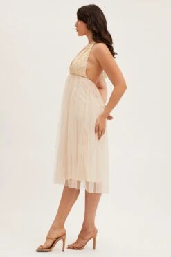 Beige Midi Dress Backless V Neck Lace -Midi Dresses Style midi dress nude midi dress backless v neck lace 32965352456385