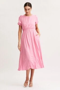 Pink Linen Blend Midi Dress -Midi Dresses Style midi dress pink linen blend midi dress 32965430968513