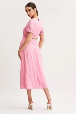 Pink Linen Blend Midi Dress -Midi Dresses Style midi dress pink linen blend midi dress 32965431034049