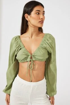 Green Tie Crop Top Long Sleeve -Midi Dresses Style oj19412 47wb khaki 3