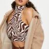 Print Sleeveless Zebra High Neck Crop Top -Midi Dresses Style semi crop print sleeveless zebra high neck crop top 32967590314177