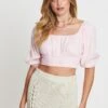 Pink Crop Top Short Sleeve Gathered Bust -Midi Dresses Style shirt pink crop top short sleeve gathered bust 32966860406977