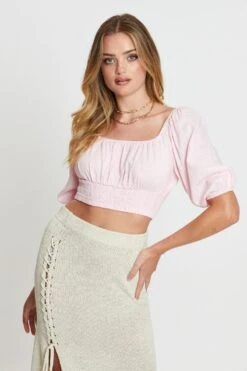 Pink Crop Top Short Sleeve Gathered Bust -Midi Dresses Style shirt pink crop top short sleeve gathered bust 32966860472513