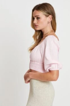 Pink Crop Top Short Sleeve Gathered Bust -Midi Dresses Style shirt pink crop top short sleeve gathered bust 32966860505281
