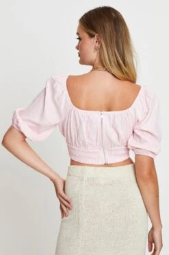 Pink Crop Top Short Sleeve Gathered Bust -Midi Dresses Style shirt pink crop top short sleeve gathered bust 32966860538049